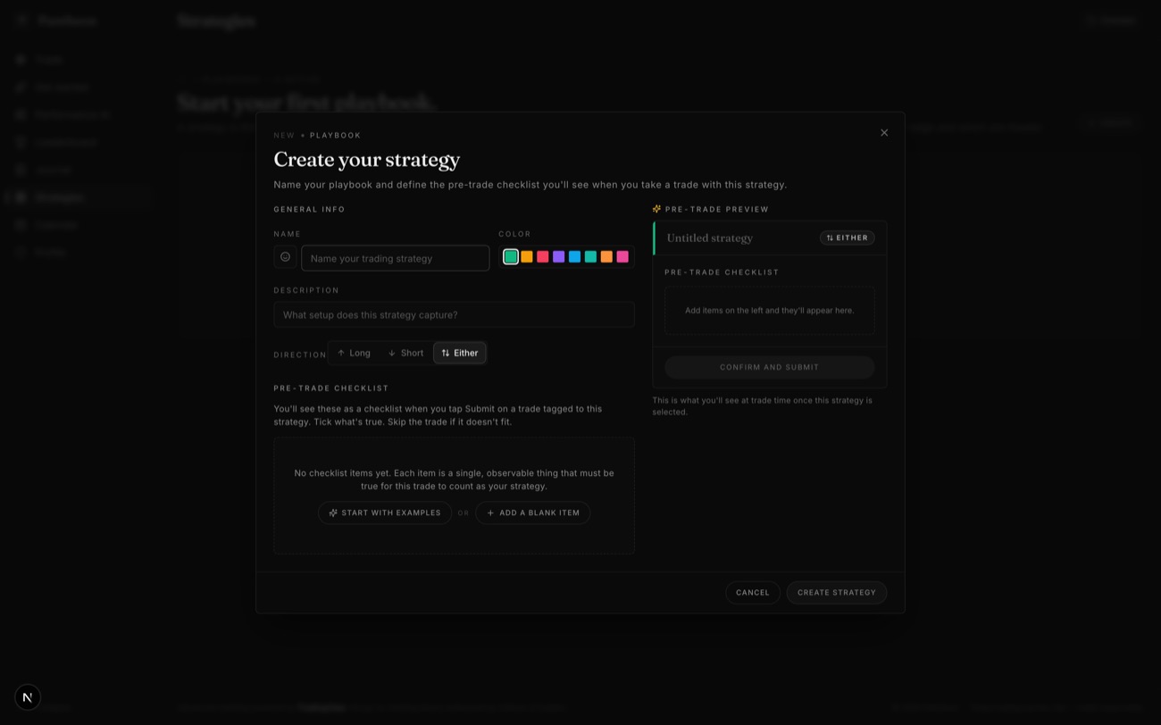 Creating a playbook: name, direction, and the pre-trade checklist — the preview shows exactly what the ticket will show at submit time.