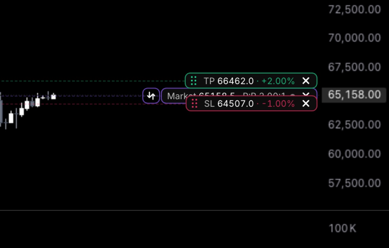 The planned entry, stop and target ride the chart as pills. Drag one and the ticket's fields follow; ✕ removes a leg.