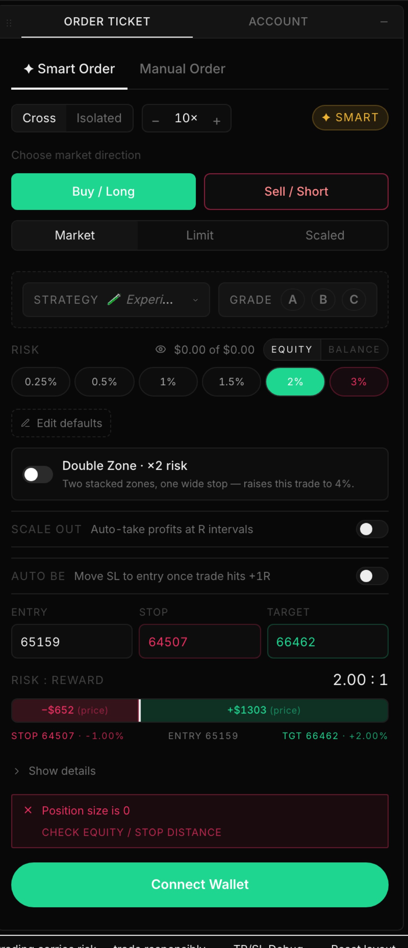 The ticket after clicking Buy: stop and target seeded 1% and 2% from entry, the 2% risk chip selected, R:R locked at 2.00:1. Size reads 0 because no wallet is connected — no stop or no equity means no size.